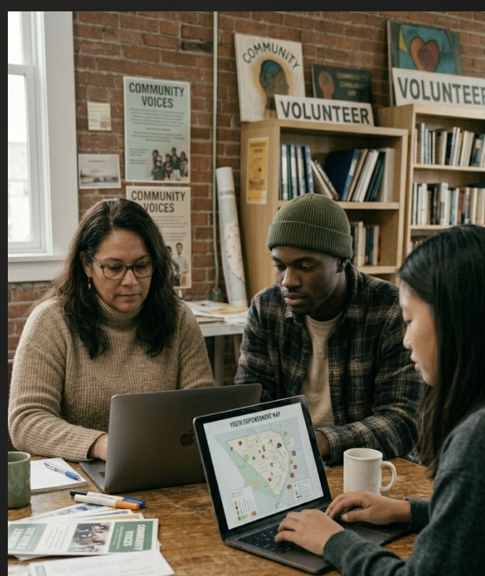 Three colleagues working together in a community space with a laptop.