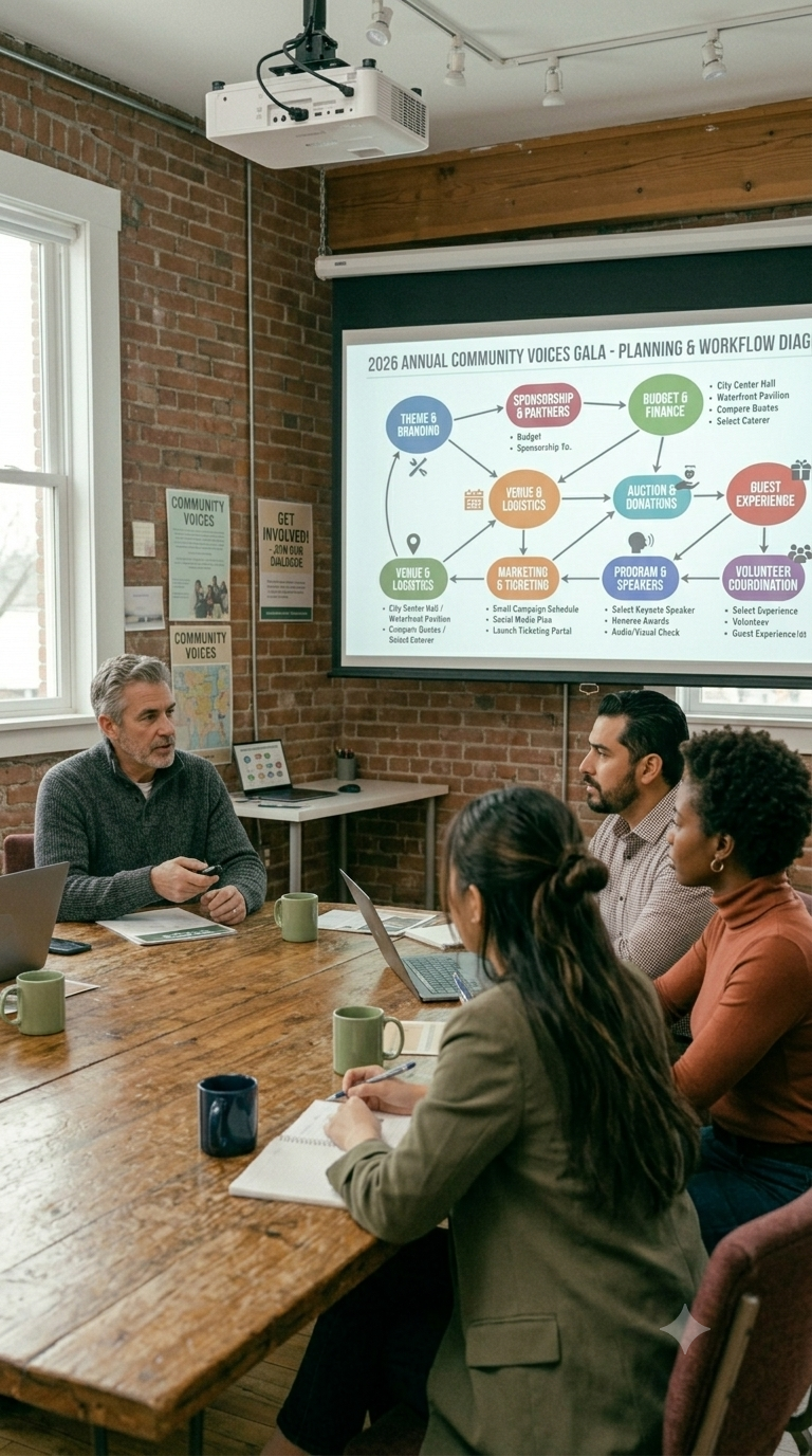 Team reviewing a project planning and workflow diagram on a screen.